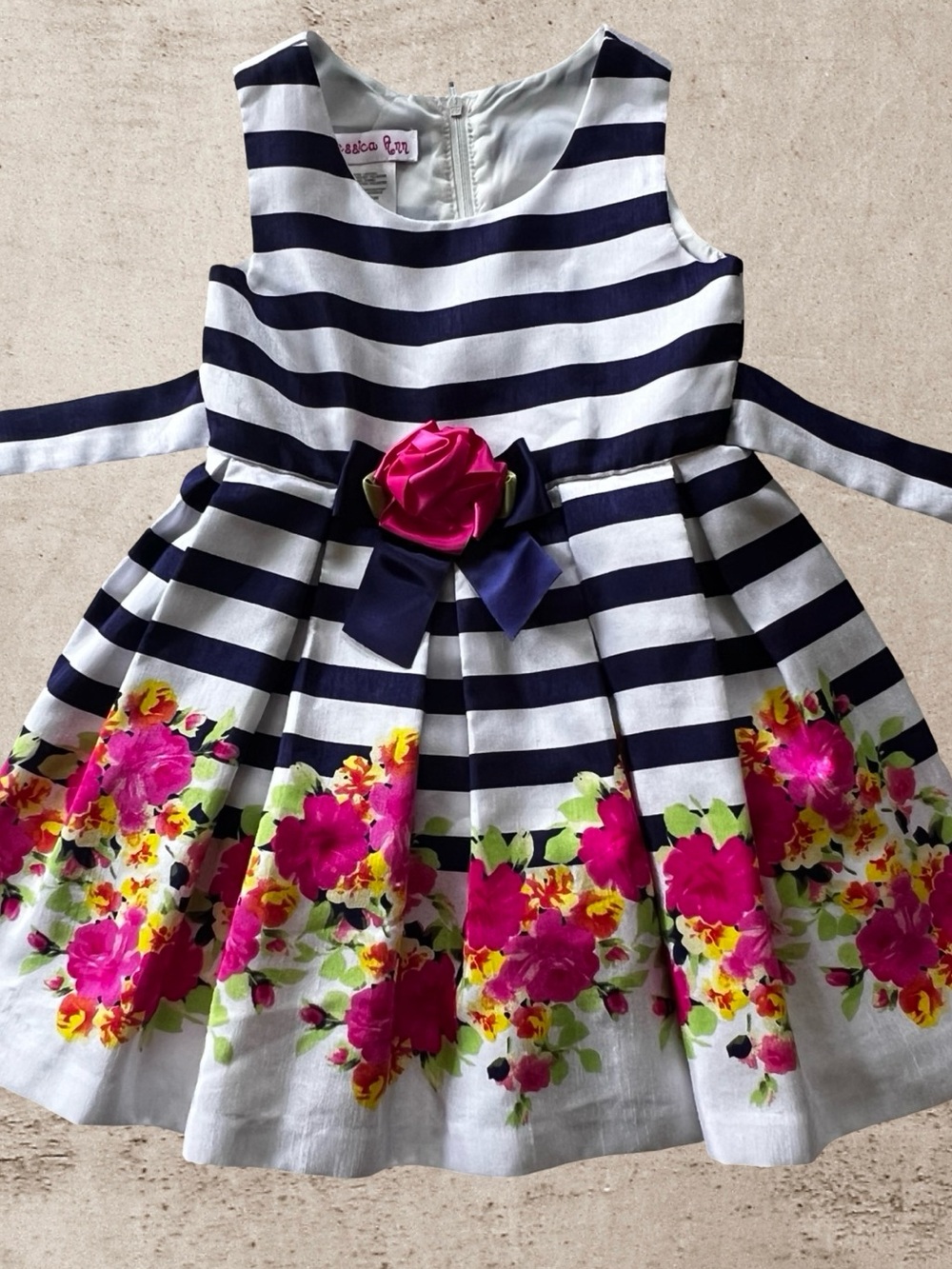 Jessica Ann Navy & White Striped Dress with Pink Floral Sash